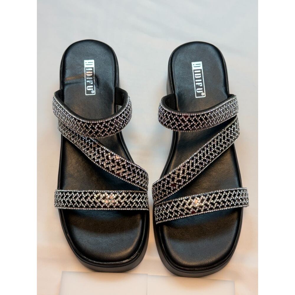 NEW! IDIFU IN2 Rhinestone Platform Sandals – Sparkly Low Wedge Slides, Black